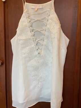 Wayf Ivory Lace-Up V-Neck Lace Trim Cami